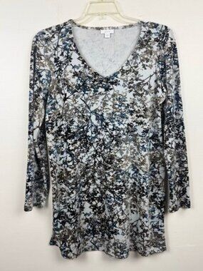 J Jill Pure Jill Women's Printed Velour Stretch V Neck Long Sleeve Top Size S